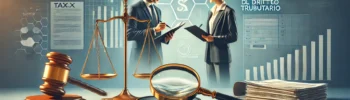 Illustrazione concettuale sull’abuso del diritto tributario: un contribuente consulta un avvocato tributarista mentre esamina documenti fiscali. Sullo sfondo, bilancia della giustizia, simbolo di legittimità fiscale, e frecce che indicano strategie di pianificazione fiscale.